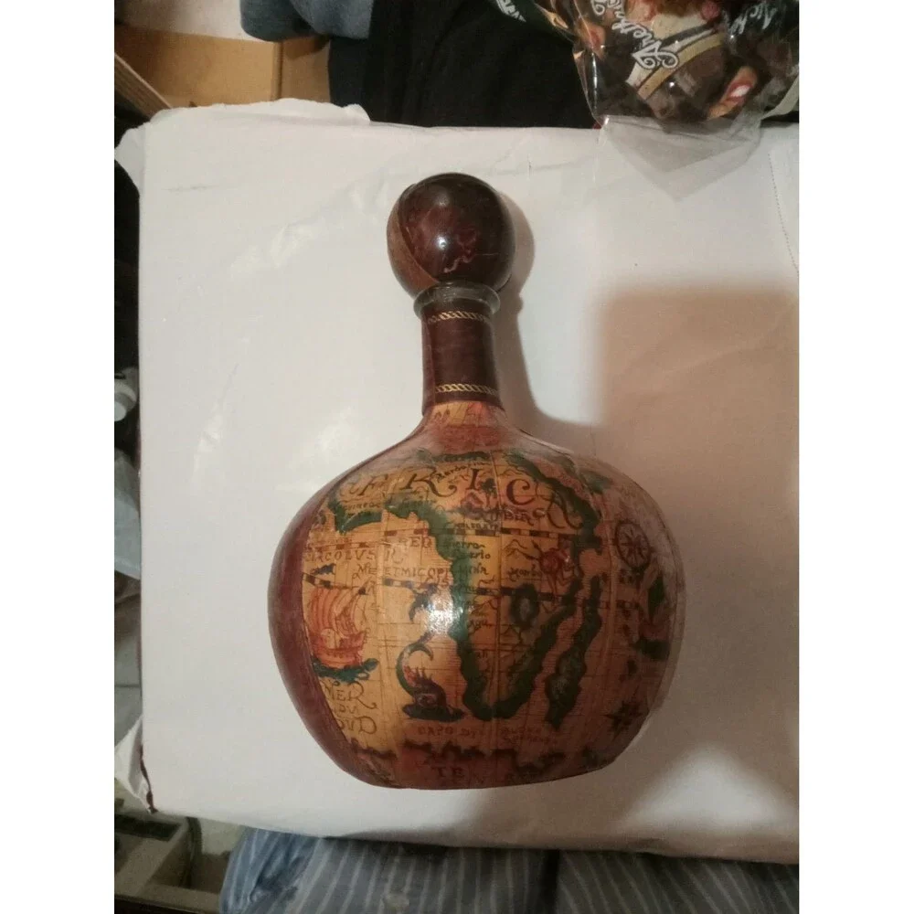 Vintage Decanter Made in Italy Leather Wrapped World Map Glass Bottle